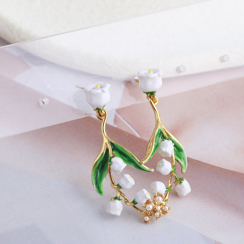 Hand Painted Enamel Glaze Retro White Lily of the Valley Flower Earrings