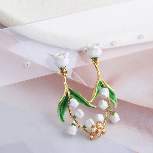 Hand Painted Enamel Glaze Retro White Lily of the Valley Flower Earrings