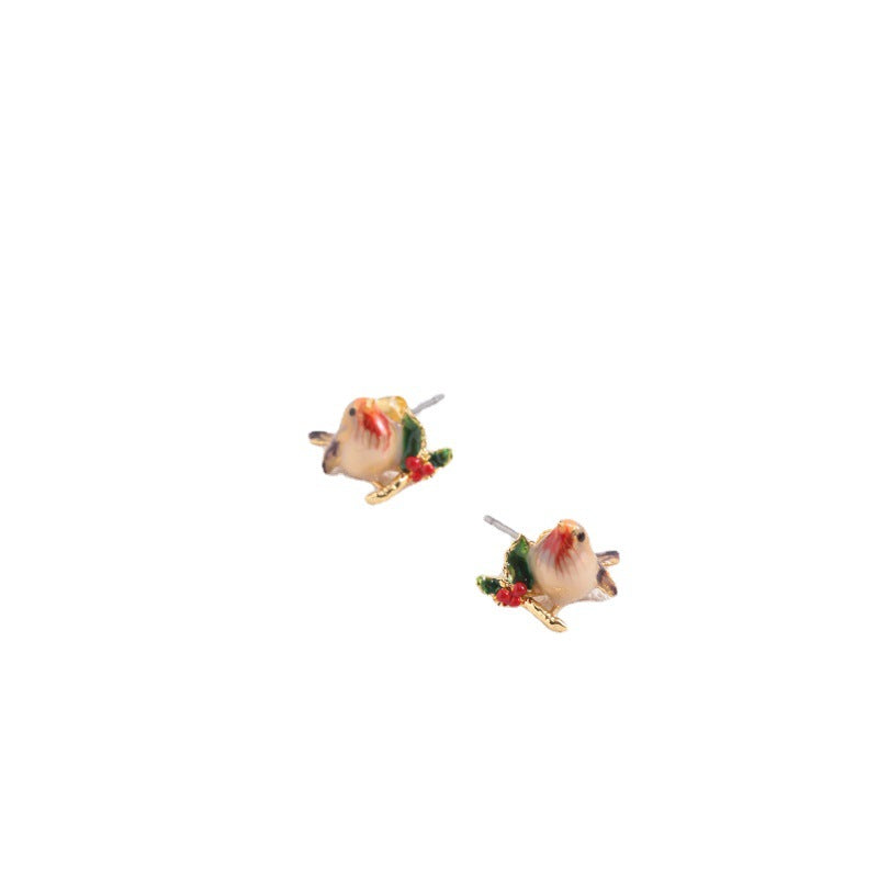 Hand-painted enamel glaze three-dimensional bird leaf cute cherry blossom earrings studs