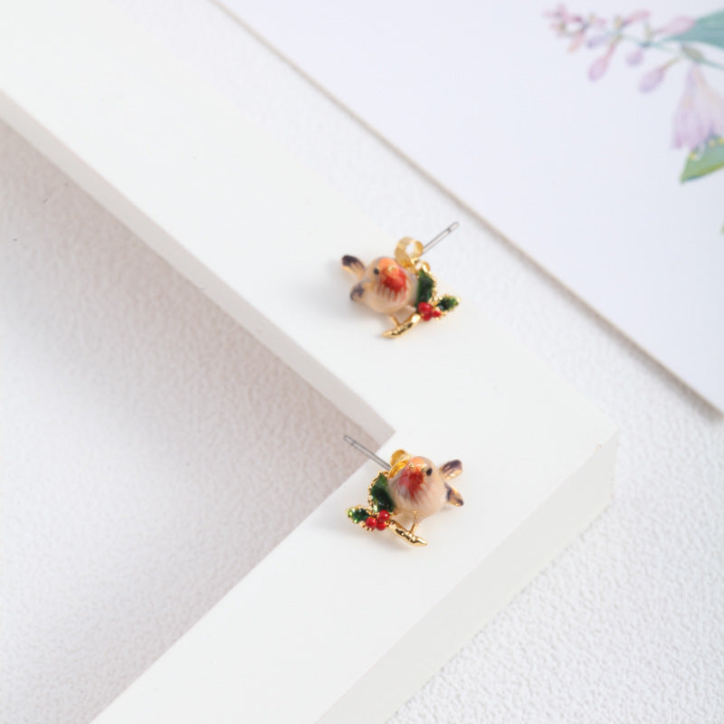 Hand-painted enamel glaze three-dimensional bird leaf cute cherry blossom earrings studs