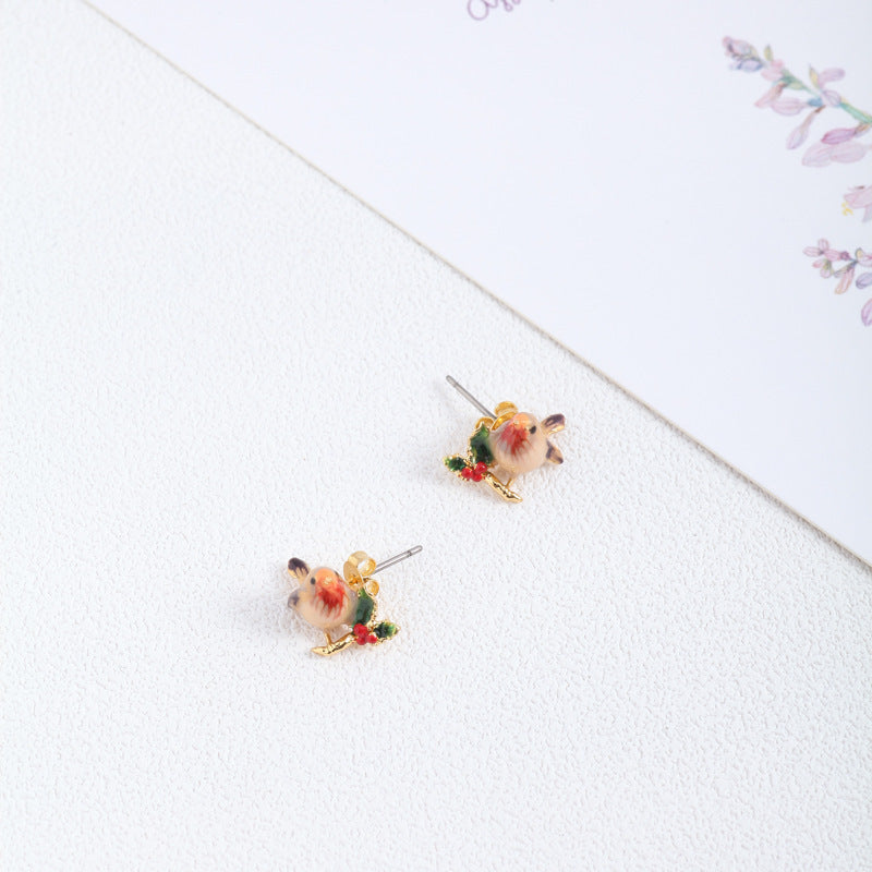 Hand-painted enamel glaze three-dimensional bird leaf cute cherry blossom earrings studs