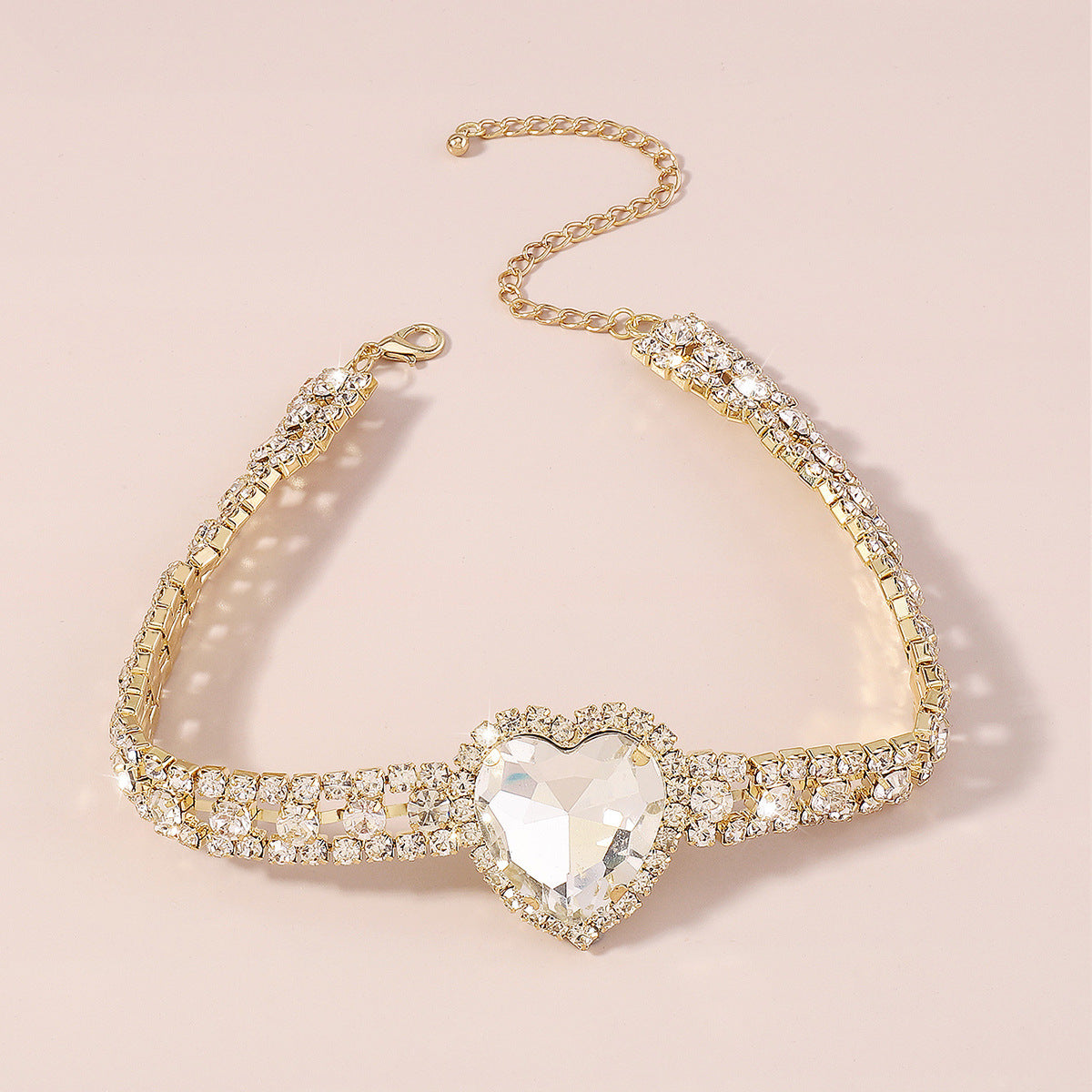 Golden Heart Rhinestone Chunky Necklace