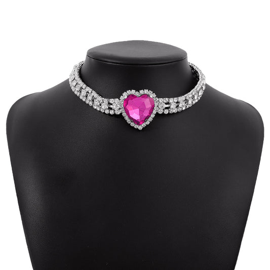 Pink Rhinestone Heart Silver Chain Choker Necklace