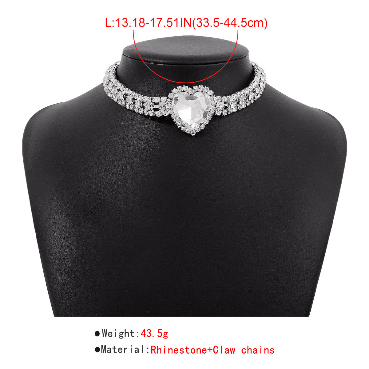 Chunky necklace with silver heart-shaped rhinestones