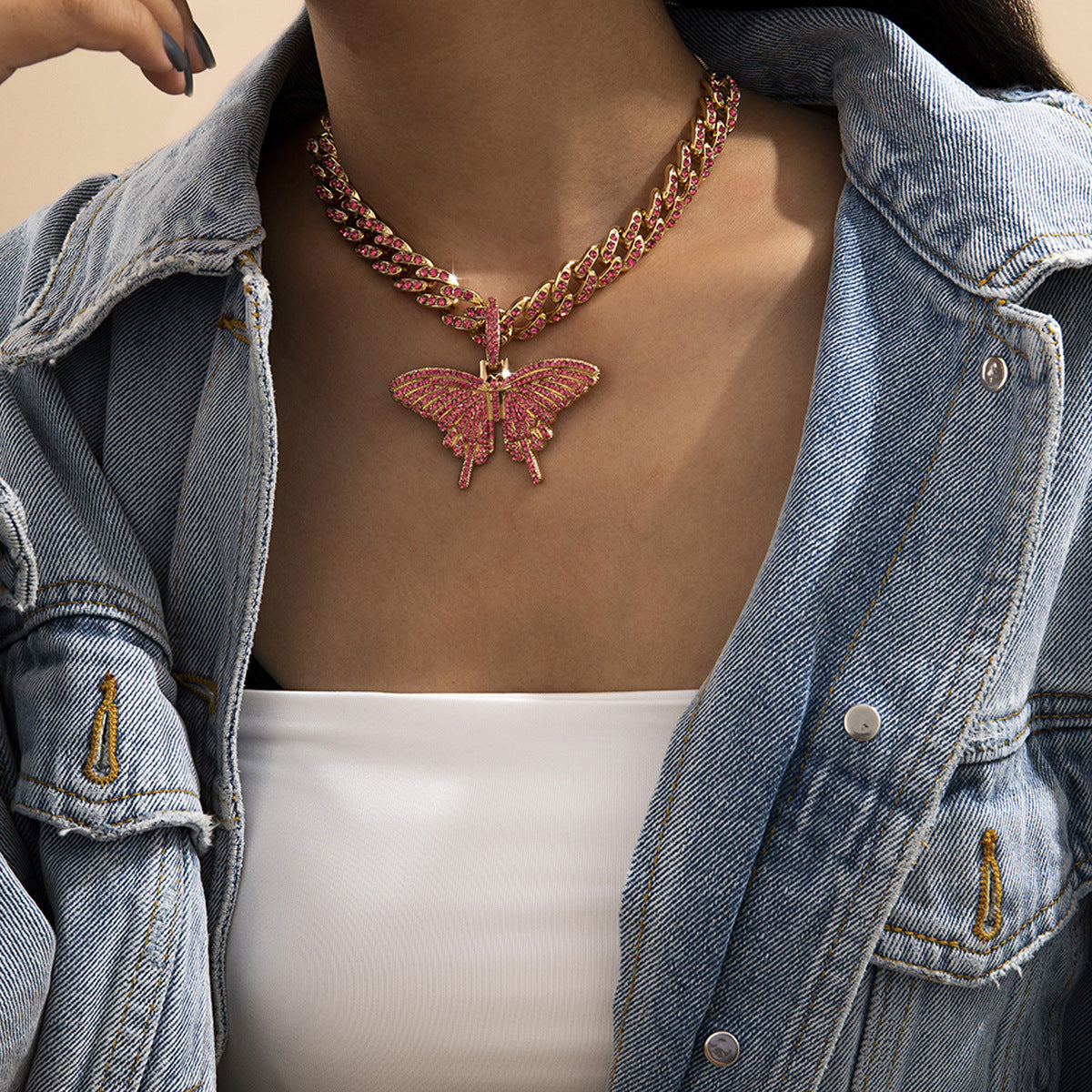 Women's Hip Hop Cool Sweet Rhinestone Butterfly Chain Necklace