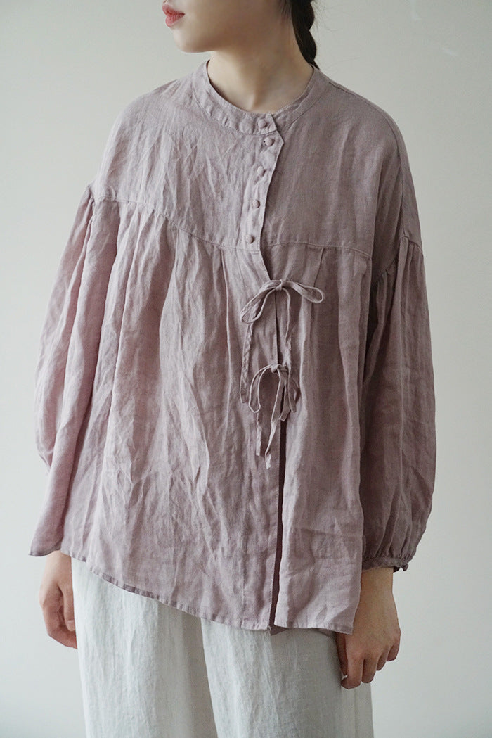 Lace-up Shirt Retro Loose Style Slimming Diagonal Button Ramie Top