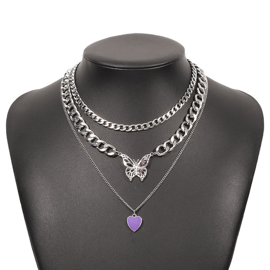 Multi Layer Heart Butterfly Pendant Retro Hip Hop Cool Chain Necklace