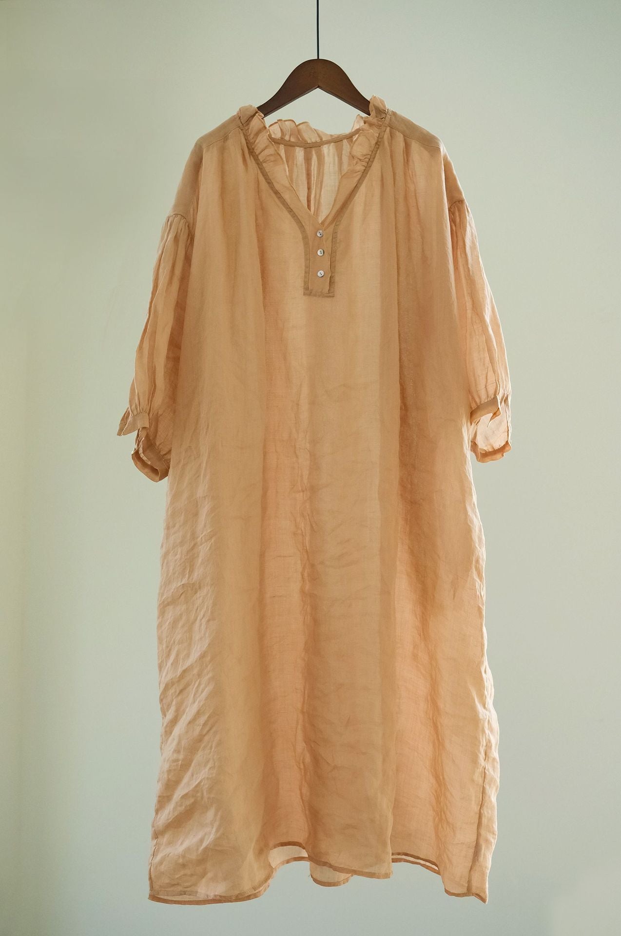 Vintage Ramie Loose Style V Neck One Piece Dress