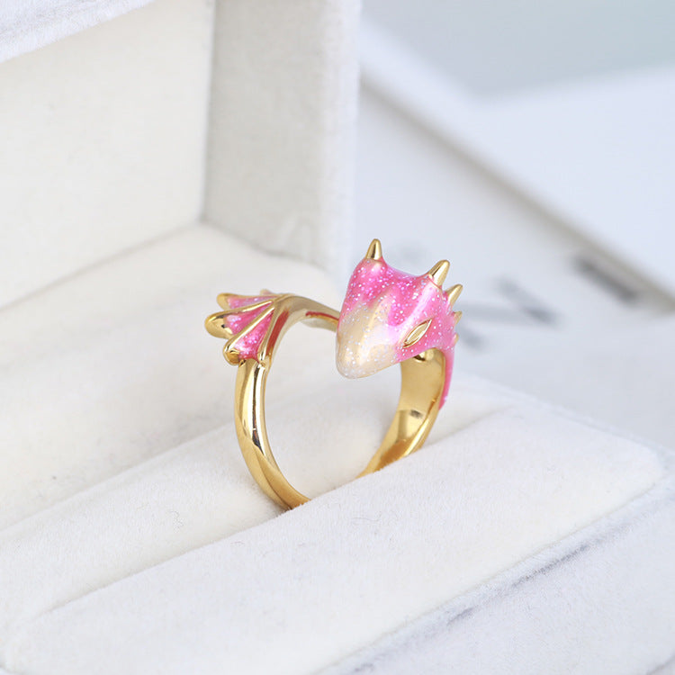 Pink Enamel Glaze Color Dragon Triceratops Ring