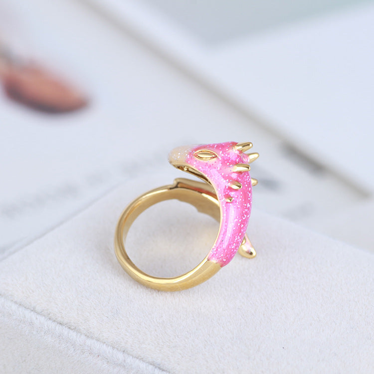 Pink Enamel Glaze Color Dragon Triceratops Ring