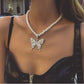 Silver Punk Style Big Rhinestone Butterfly Pendant Pearl Necklace