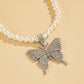 Silver Punk Style Big Rhinestone Butterfly Pendant Pearl Necklace