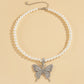 Silver Punk Style Big Rhinestone Butterfly Pendant Pearl Necklace