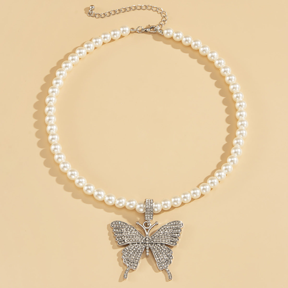 Silver Punk Style Big Rhinestone Butterfly Pendant Pearl Necklace