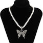 Silver Punk Style Big Rhinestone Butterfly Pendant Pearl Necklace