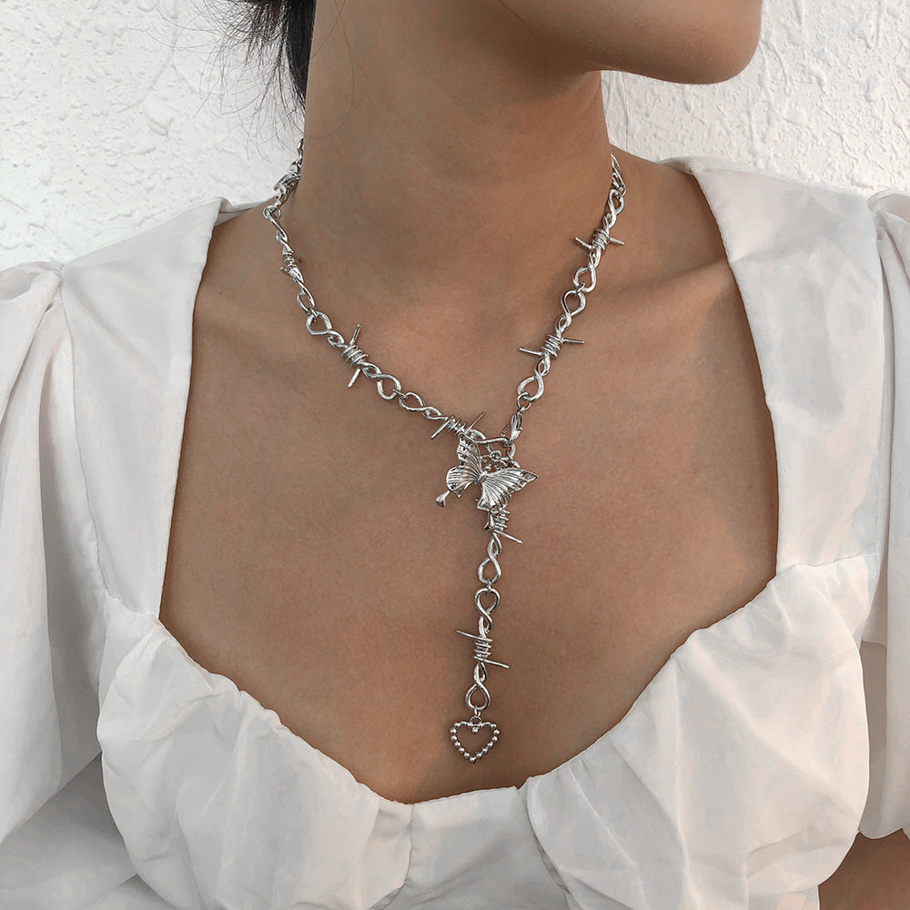 Punk Thorn Chain Necklace Butterfly Love Element Long Choker Necklace