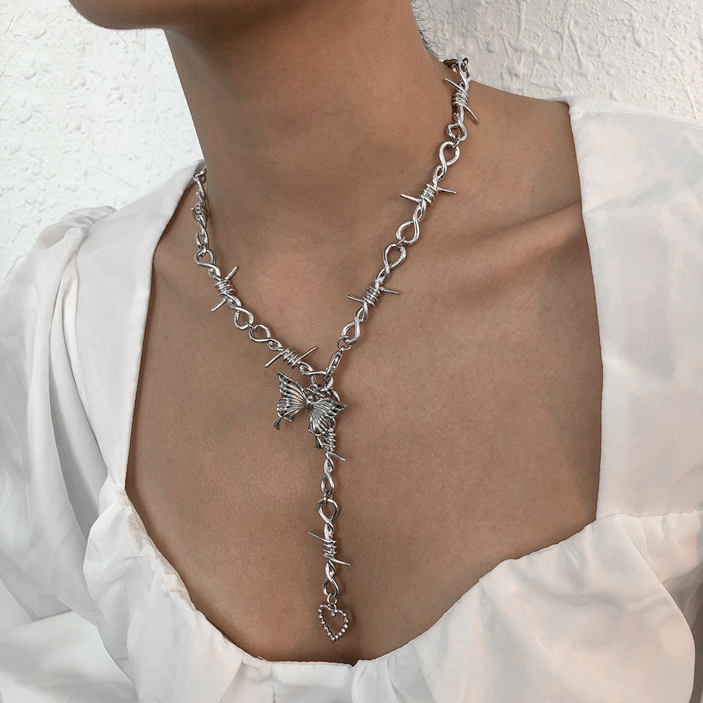 Punk Thorn Chain Necklace Butterfly Love Element Long Choker Necklace