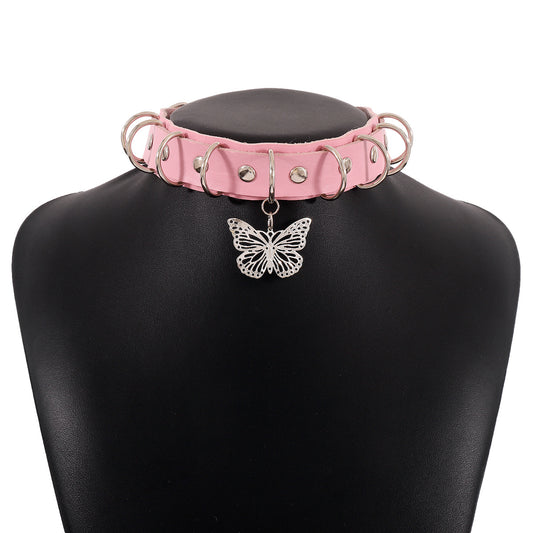 Pink Punk Y2K Cool Butterfly Leather Choker Necklace