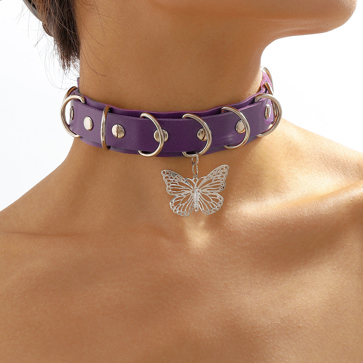 Purple Punk Y2K Cool Butterfly Leather Choker Necklace