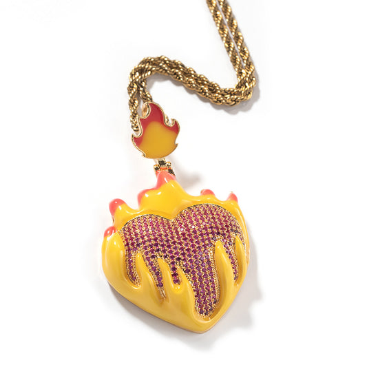 Red and gold flame and ice heart punk fashion necklace