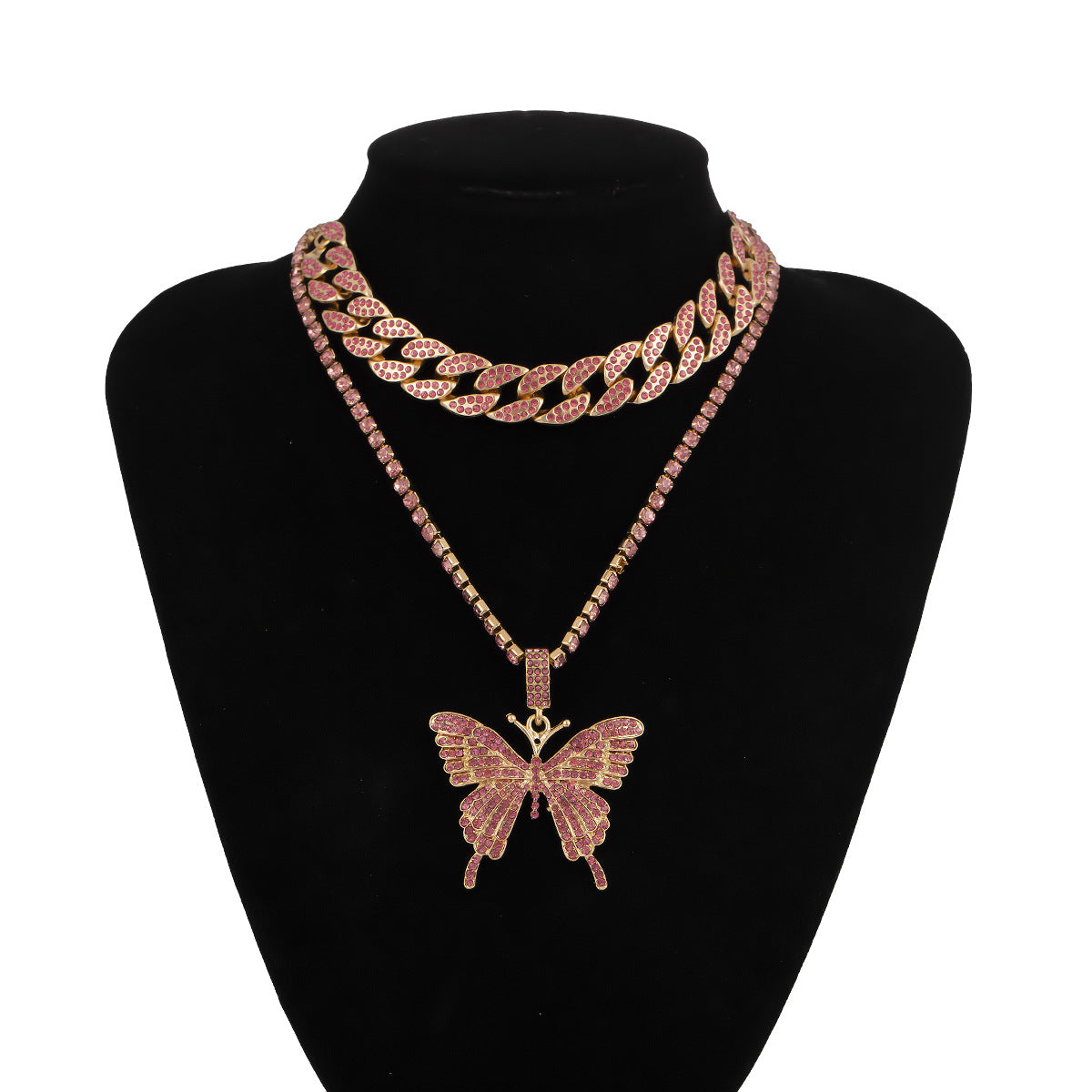 Rhinestone Big Butterfly Chunky Chain Multilayer Necklace Fashion Jewelry