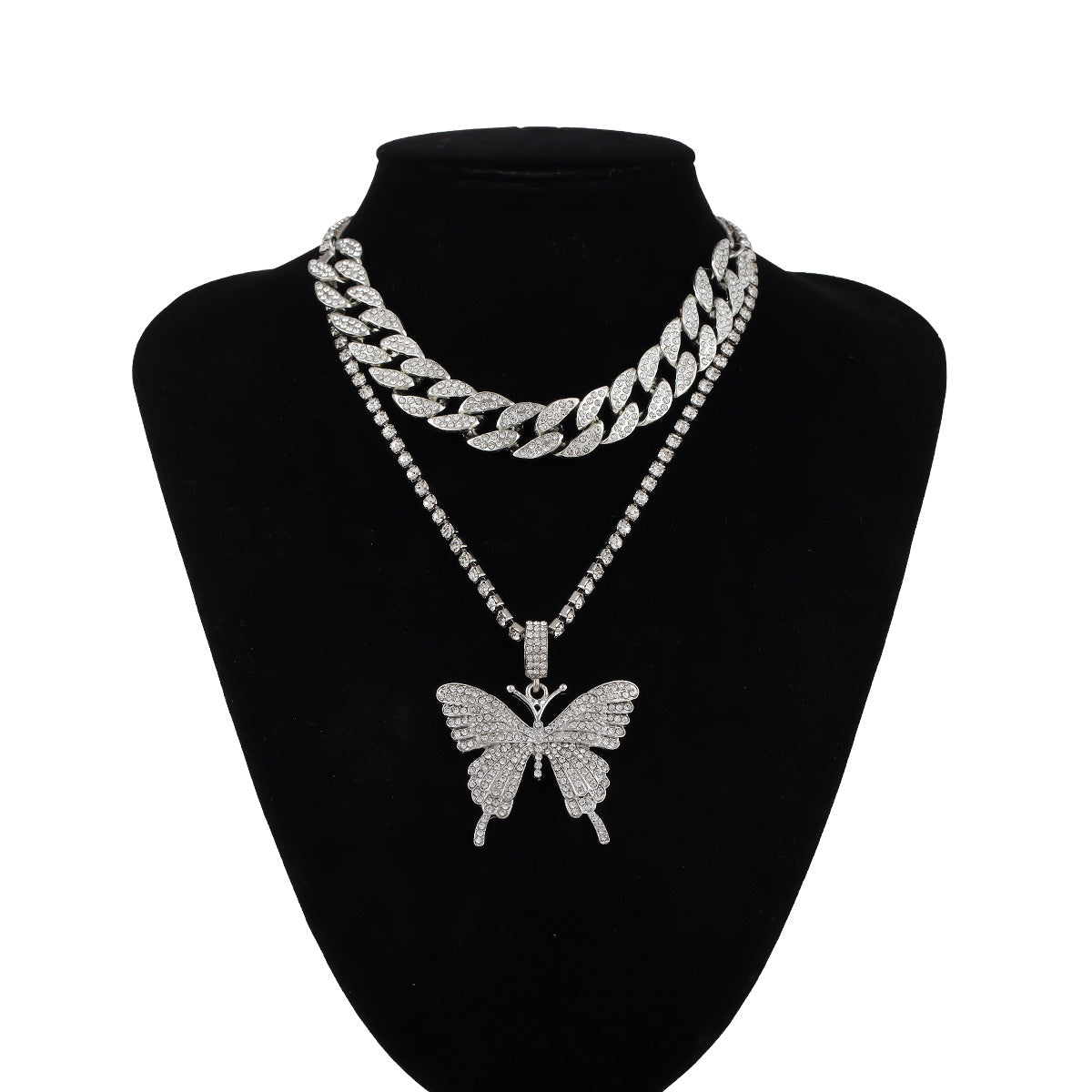 Rhinestone Big Butterfly Chunky Chain Multilayer Necklace Fashion Jewelry