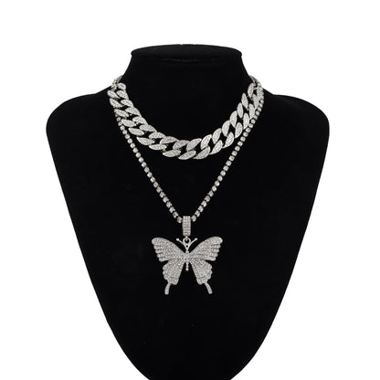 Rhinestone Big Butterfly Chunky Chain Multilayer Necklace Fashion Jewelry