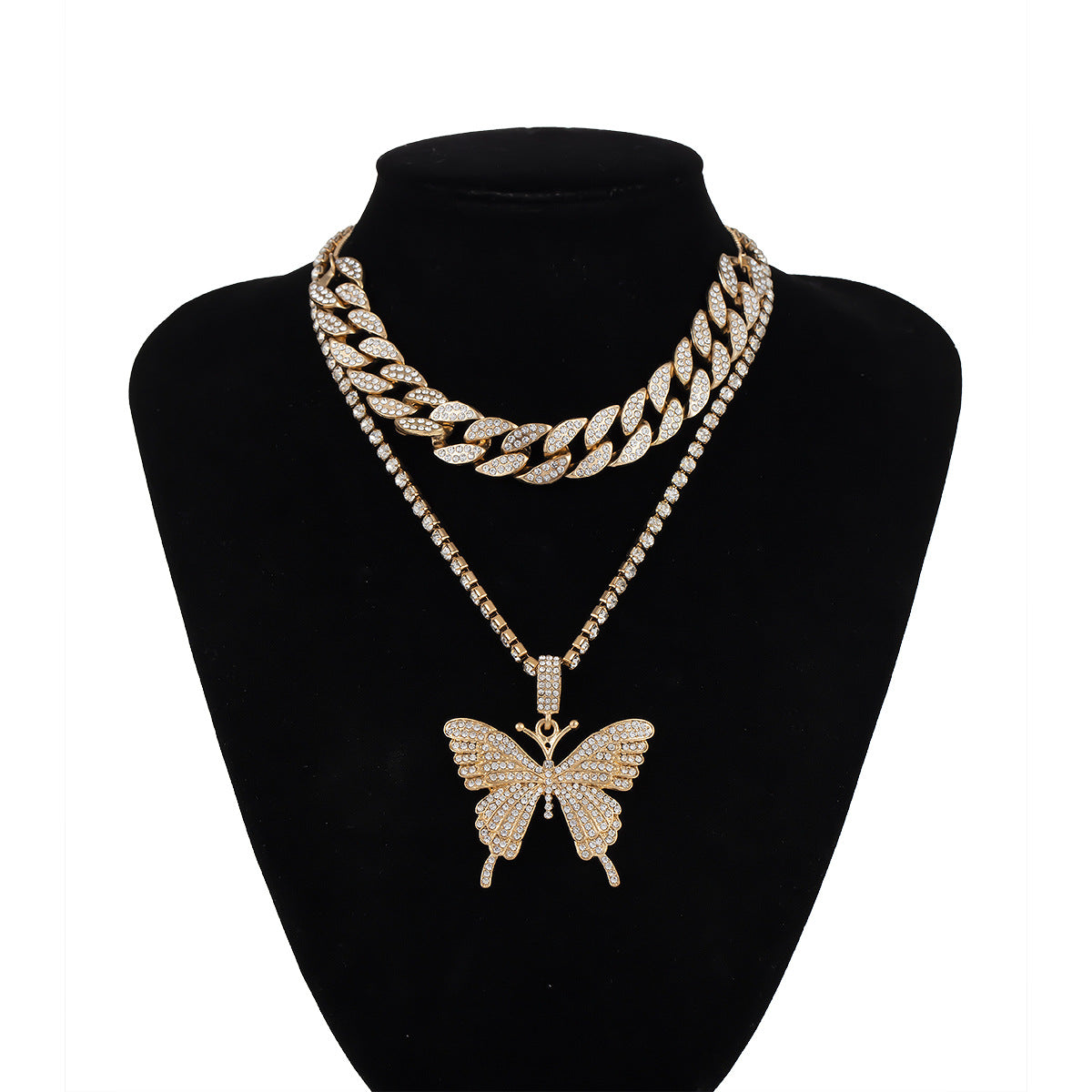 Rhinestone Big Butterfly Chunky Chain Multilayer Necklace Fashion Jewelry