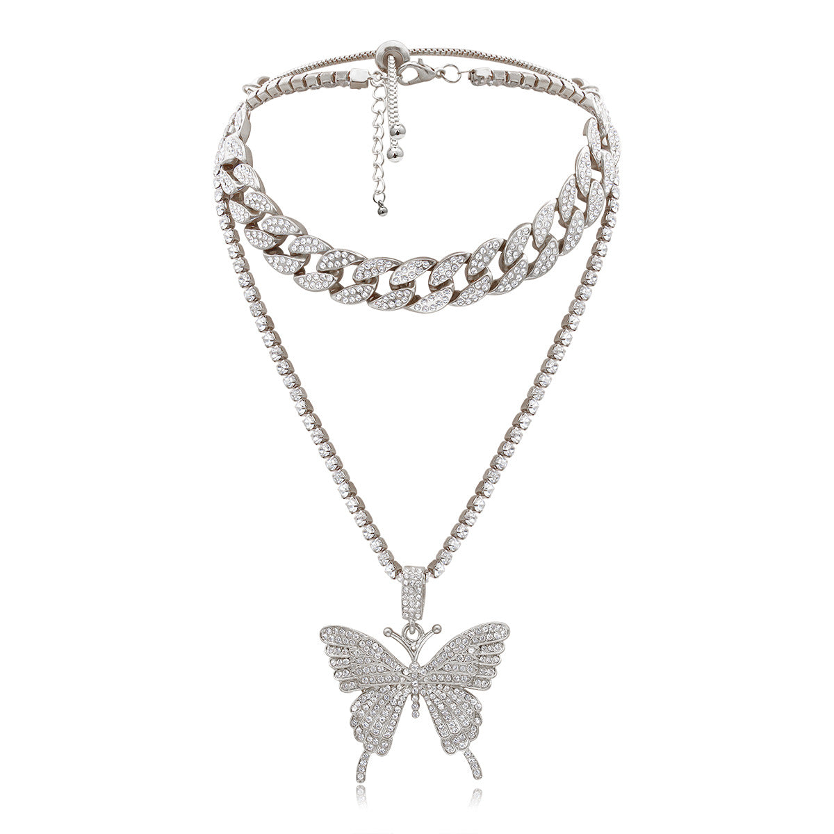 Rhinestone Big Butterfly Chunky Chain Multilayer Necklace Fashion Jewelry