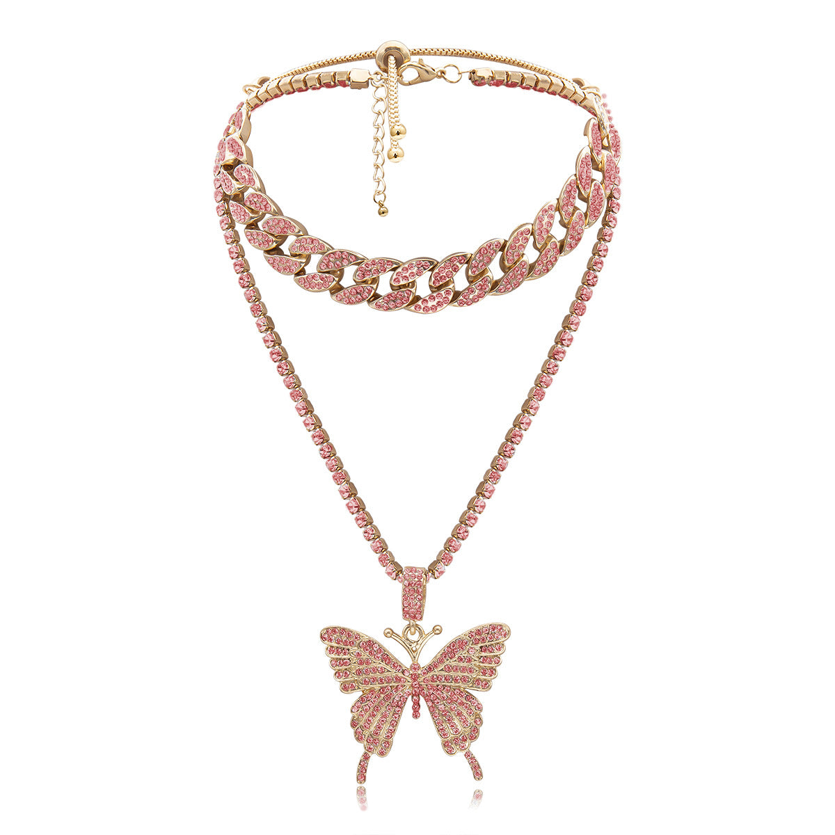 Rhinestone Big Butterfly Chunky Chain Multilayer Necklace Fashion Jewelry