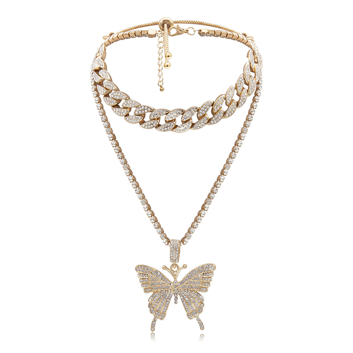 Rhinestone Big Butterfly Chunky Chain Multilayer Necklace Fashion Jewelry