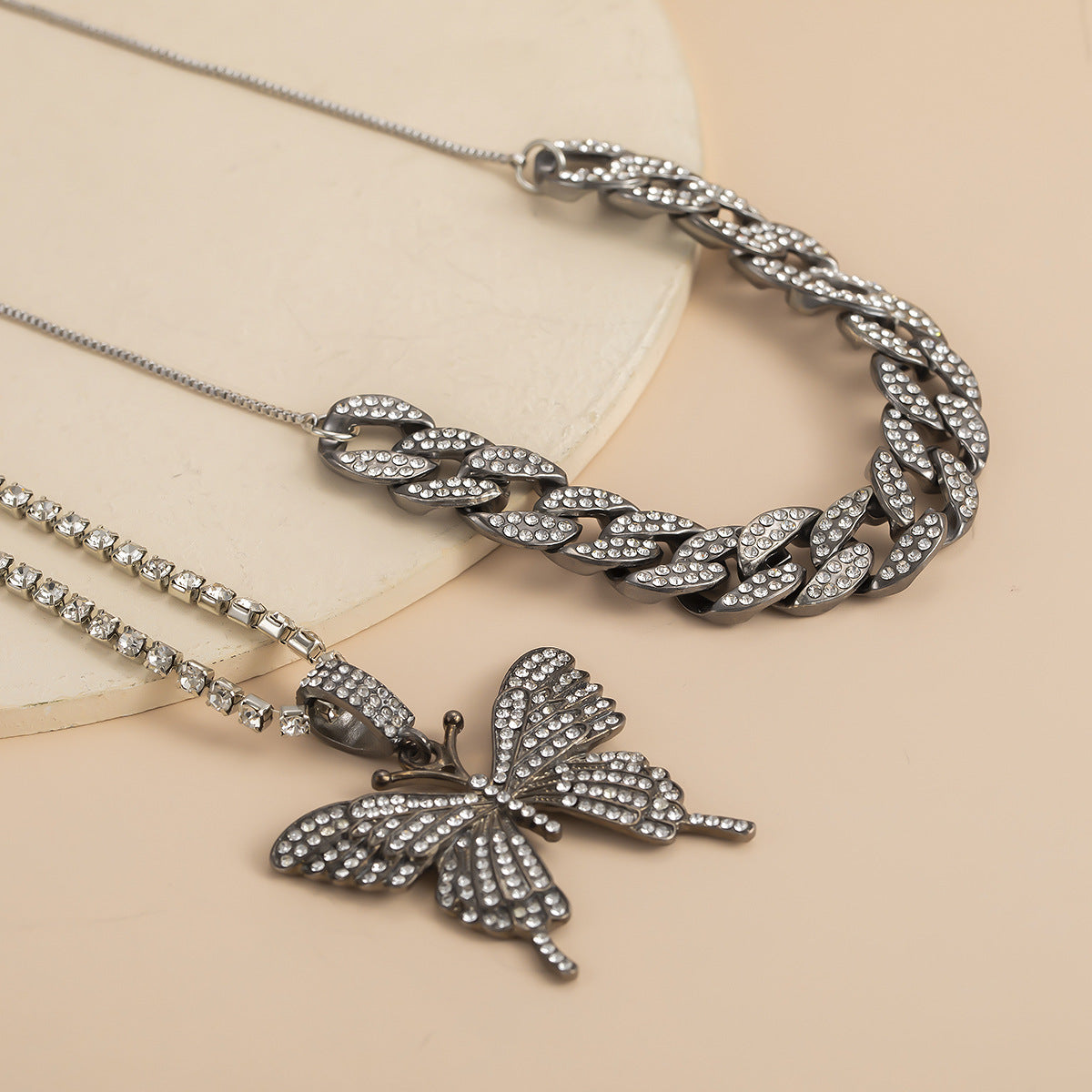 Rhinestone Big Butterfly Chunky Chain Multilayer Necklace Fashion Jewelry