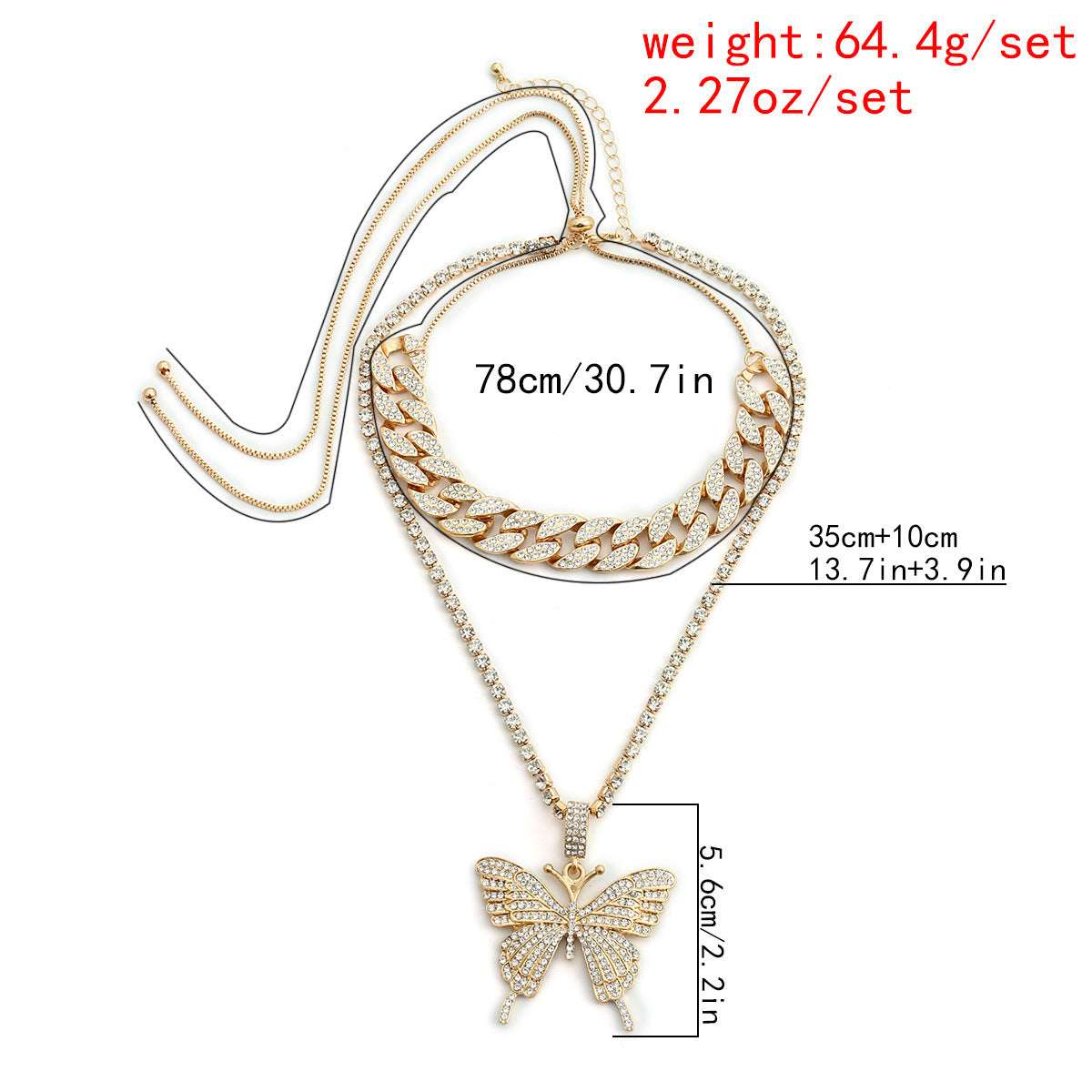 Rhinestone Big Butterfly Chunky Chain Multilayer Necklace Fashion Jewelry