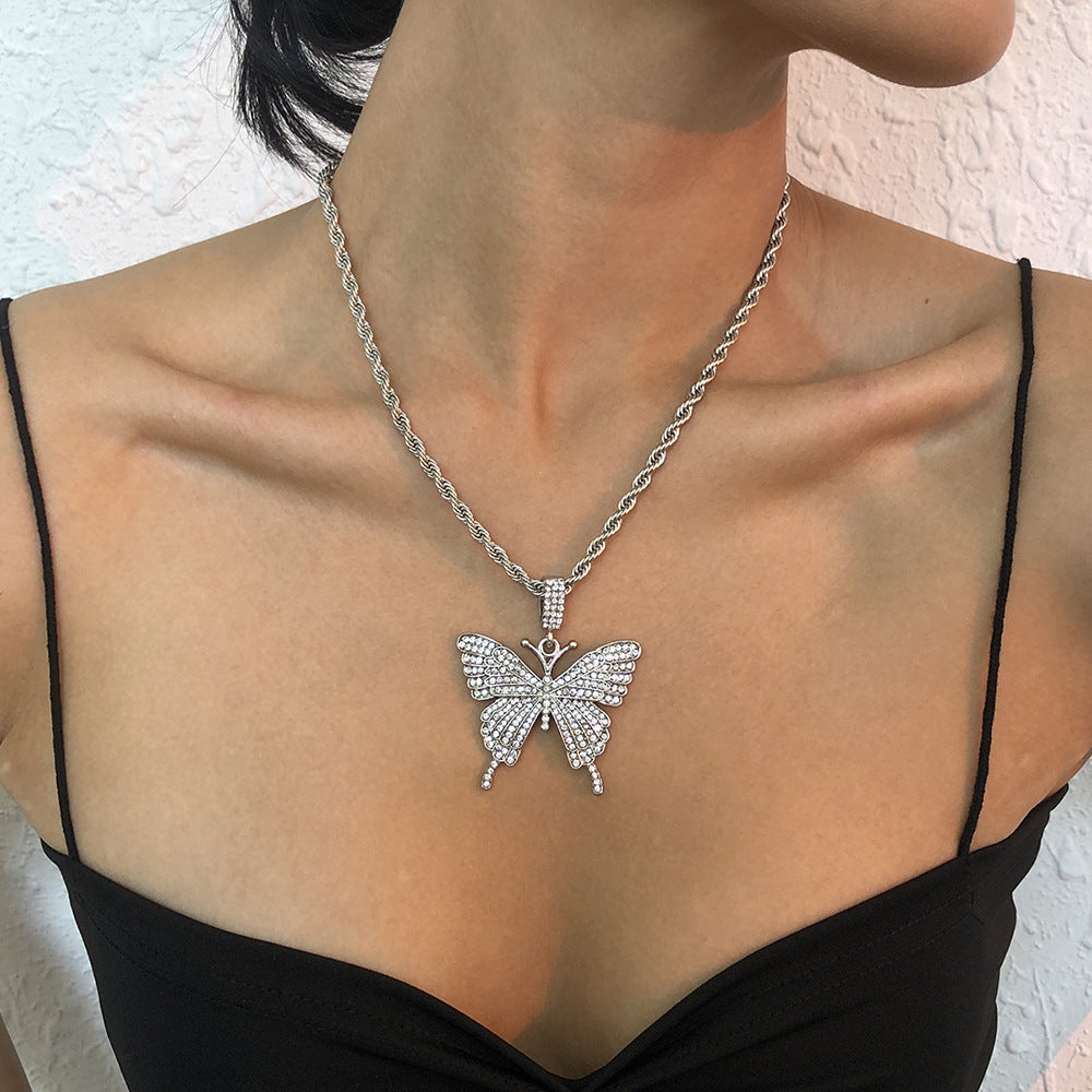 rhinestone big butterfly pendant fashion necklace