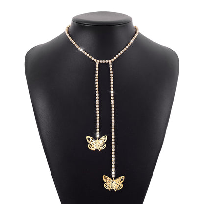 Rhinestone Chain Fringe Butterfly Pendant Chic Necklace