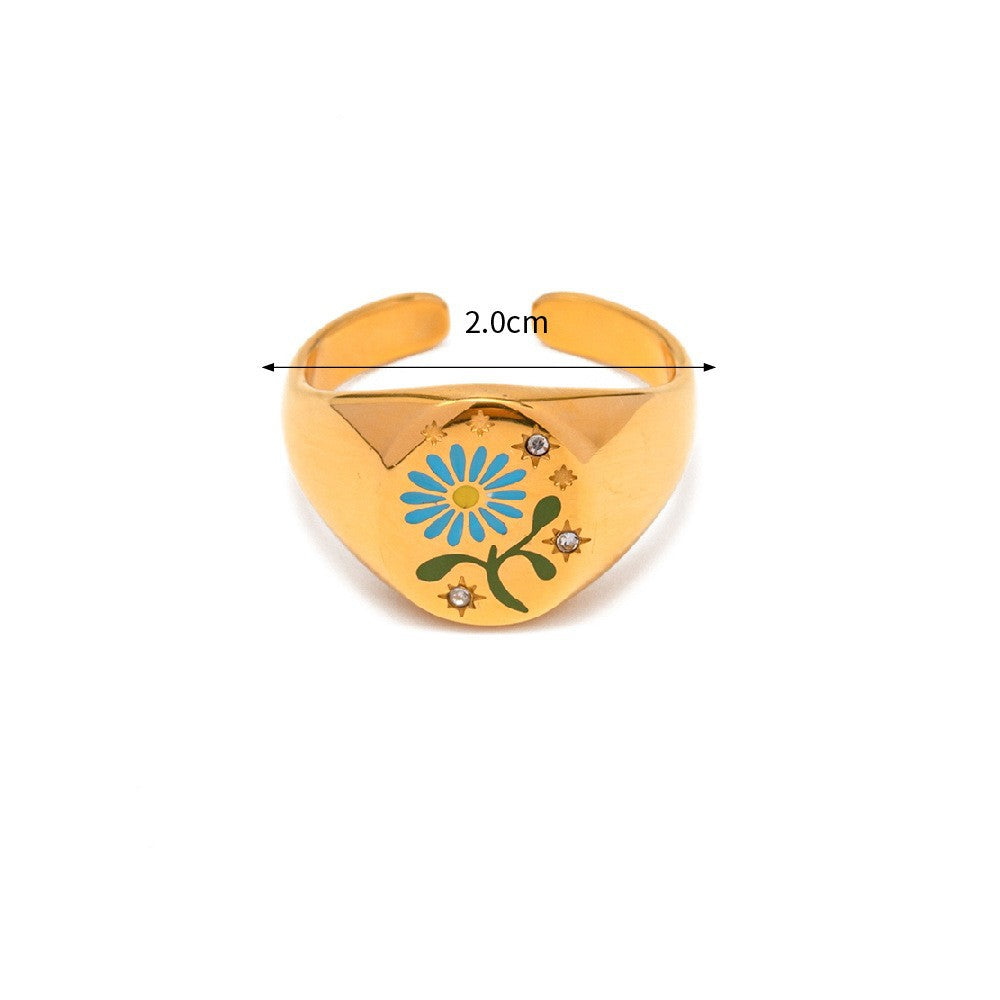 Hand Painted Delicate Flower Engraving Ring