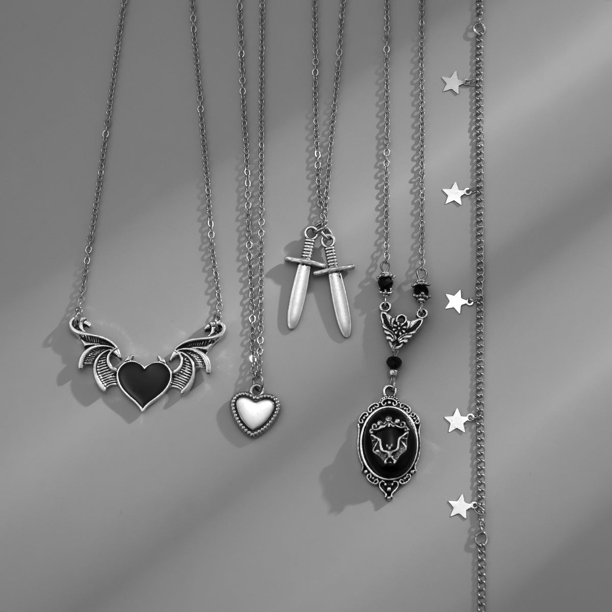 Trendy Y2K punk multi-layer heart and sword shaped pendant necklace