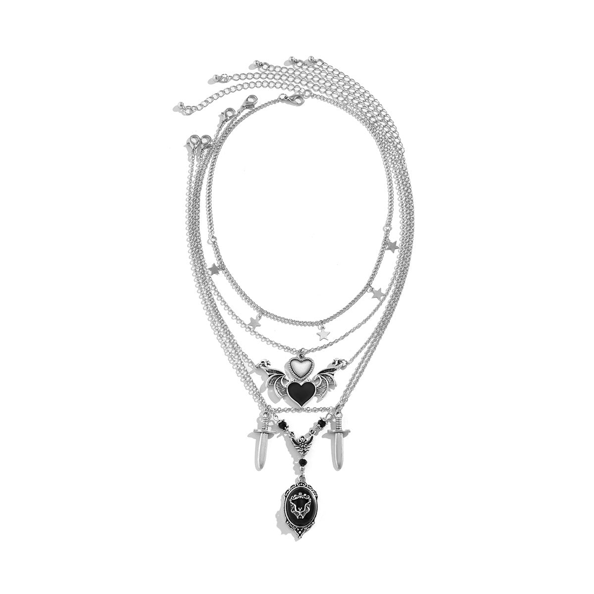 Trendy Y2K punk multi-layer heart and sword shaped pendant necklace