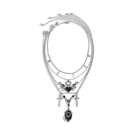 Trendy Y2K punk multi-layer heart and sword shaped pendant necklace