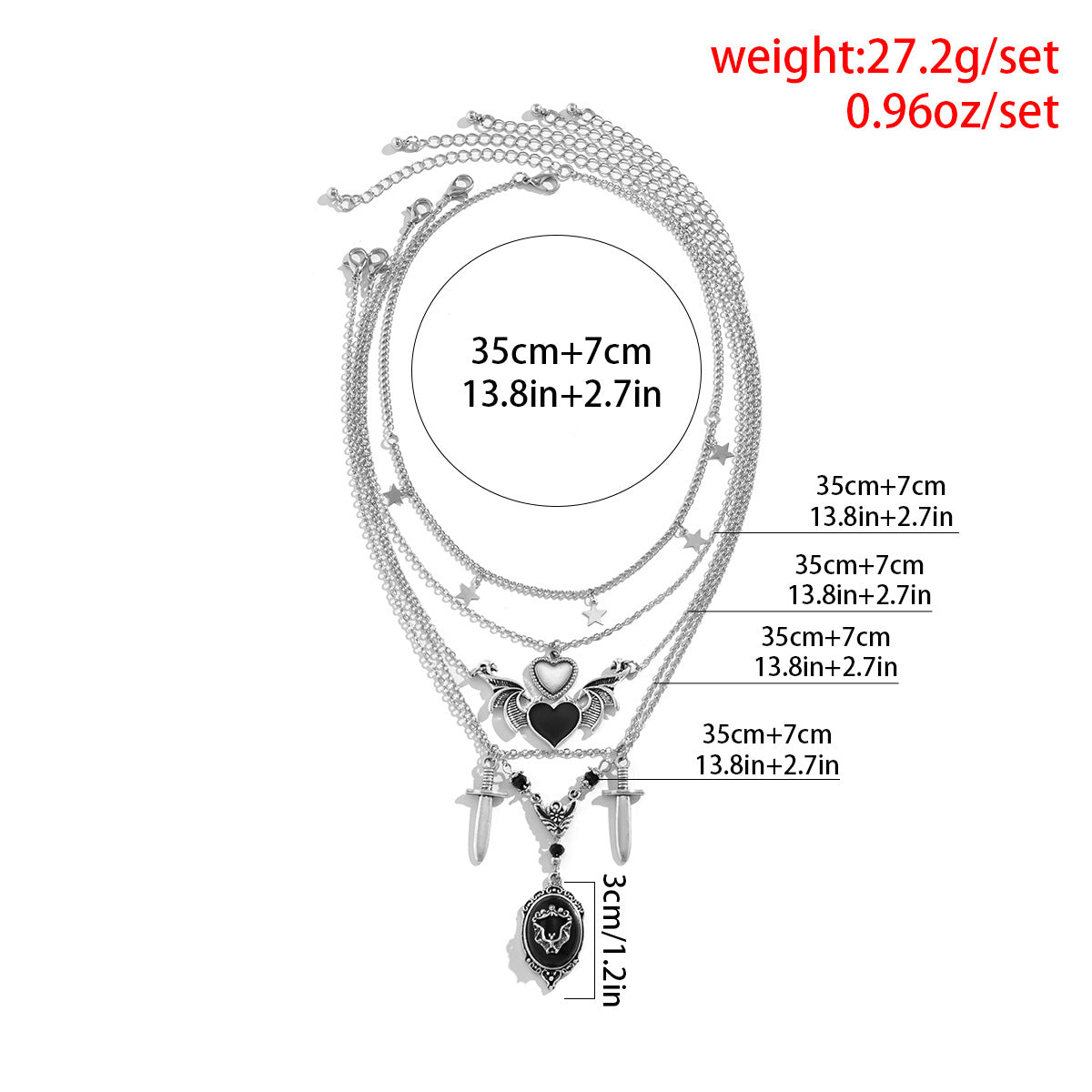 Trendy Y2K punk multi-layer heart and sword shaped pendant necklace